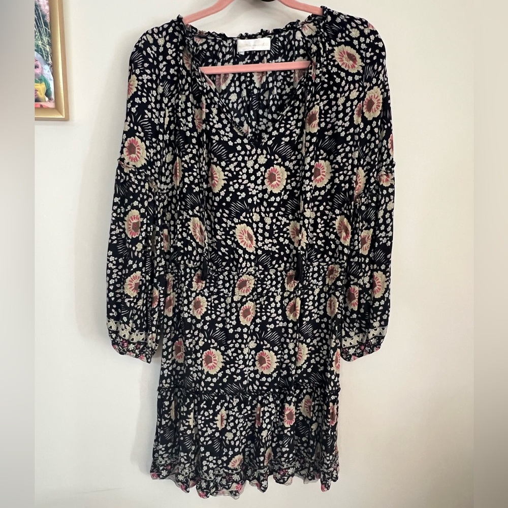 Natalie Martin “Maggie” short sleeve mini dress black floral pattern size medium